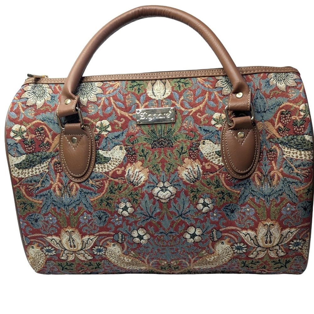 Floral Tapestry Dome Satchel with Brown Trim